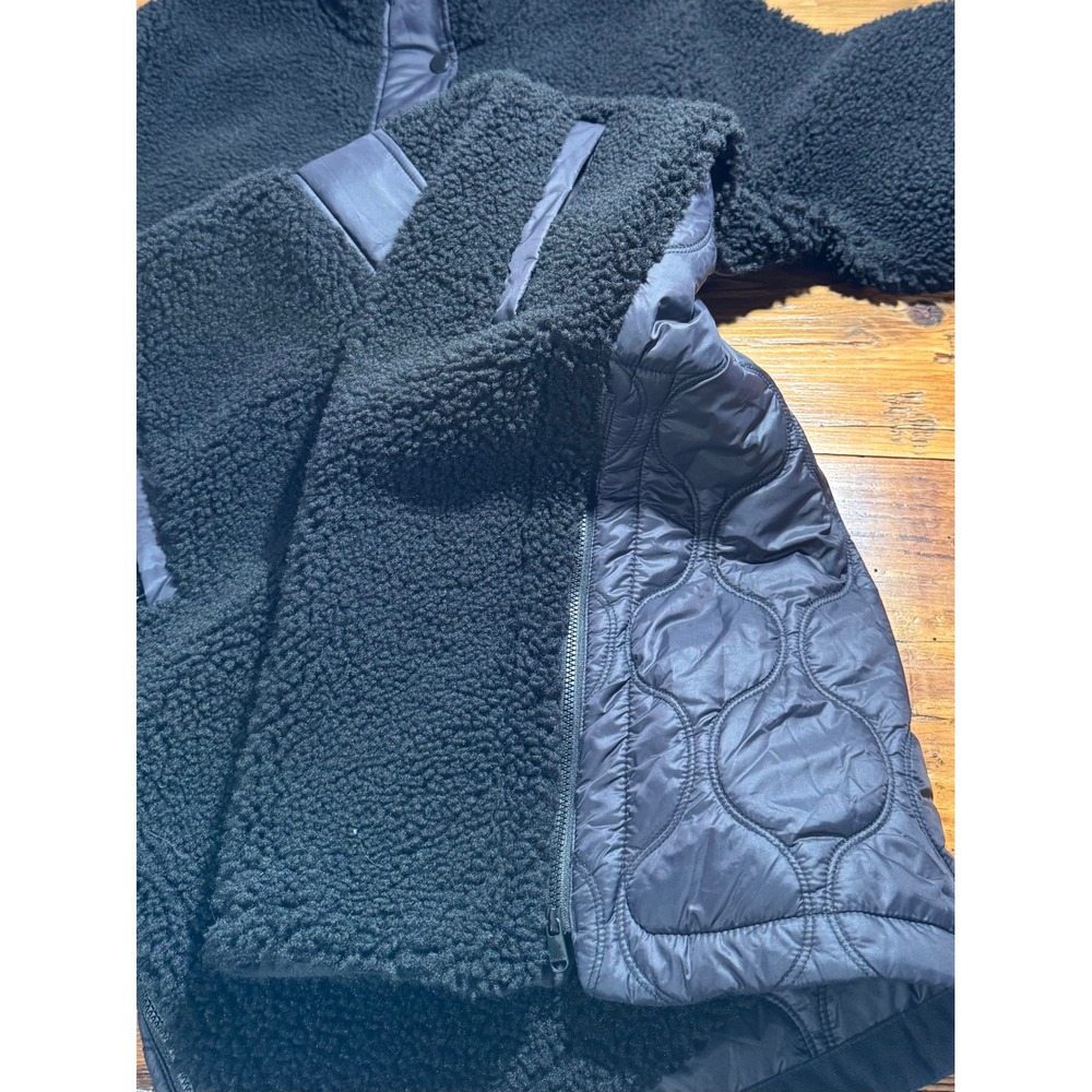 Athleta Fleece Hybrid Coat Black Sherpa Nylon Quilted Longline Funnel Neck Large - Picture 15 of 15